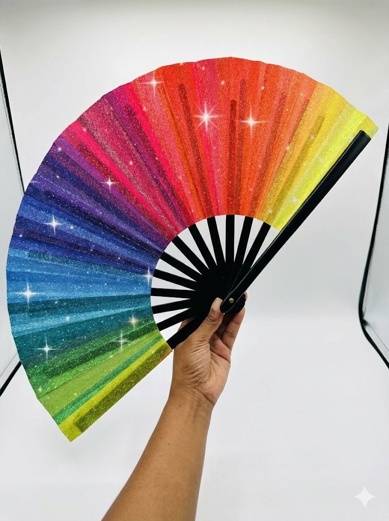 Rainbow Glitter Clack Fan: Oversized Folding Hand Fan