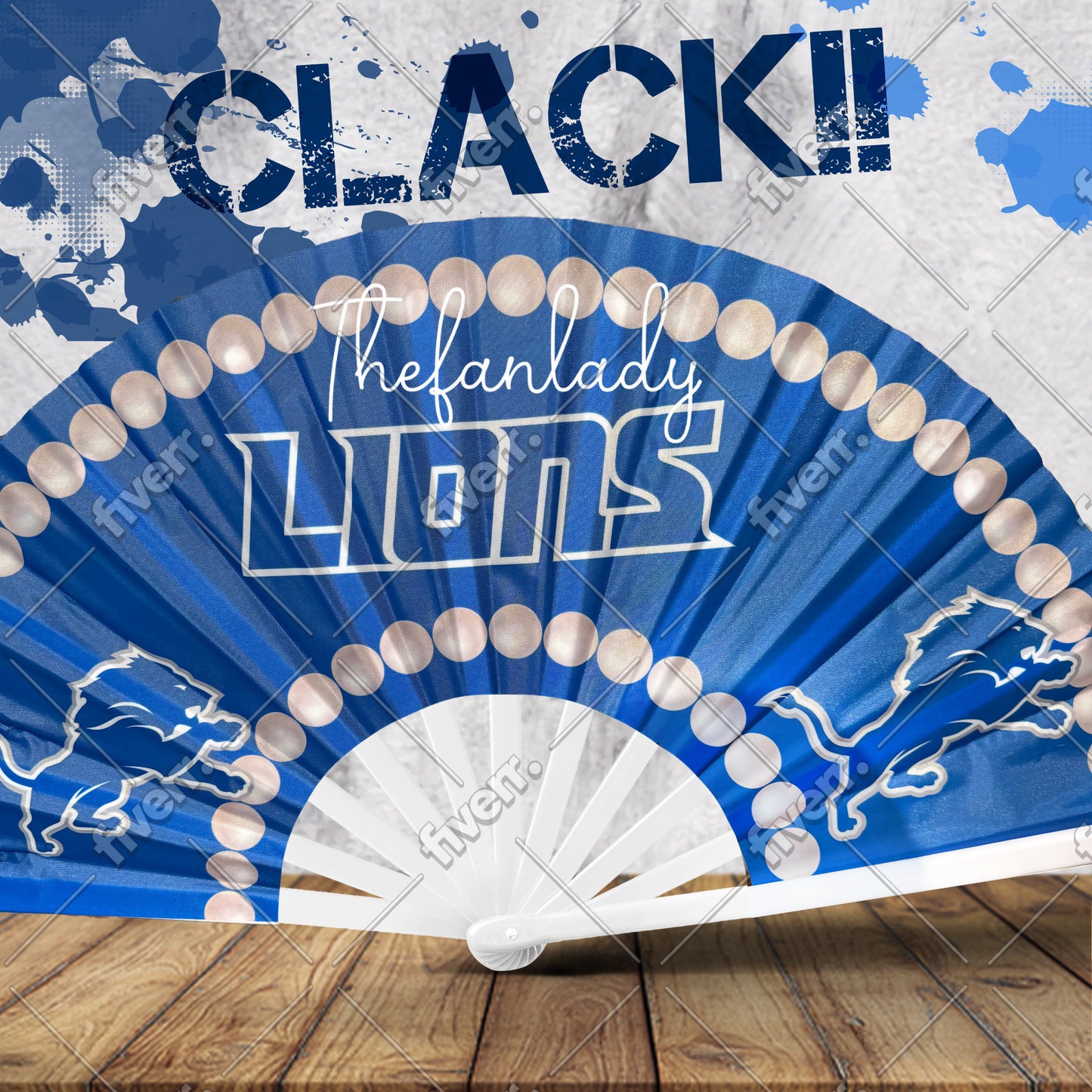 Detroit Lions Handheld Clack Fan Custom Pearl Trim NFL Fan | Game Day Accessory | Blue Folding Sports Fan