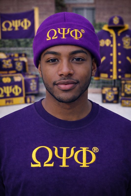 Purple Omega Psi Phi Beanie Hat with Gold Embroidered Greek Letters