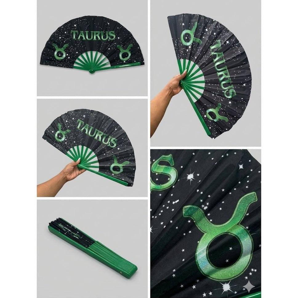 Taurus Zodiac Folding Fan: Starry Cosmic Black Clack Fan