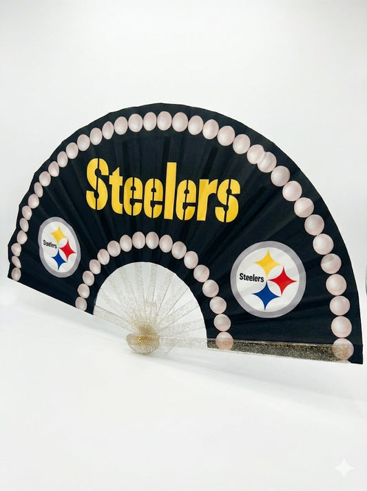 Pittsburgh Steelers Pearl Border Hand Fan - CLACK! Glitter Handle