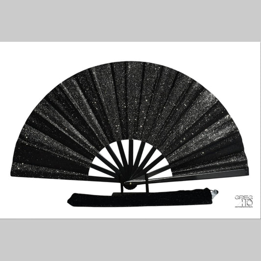 Black Glitter Clack Fan: Oversized Folding Hand Fan