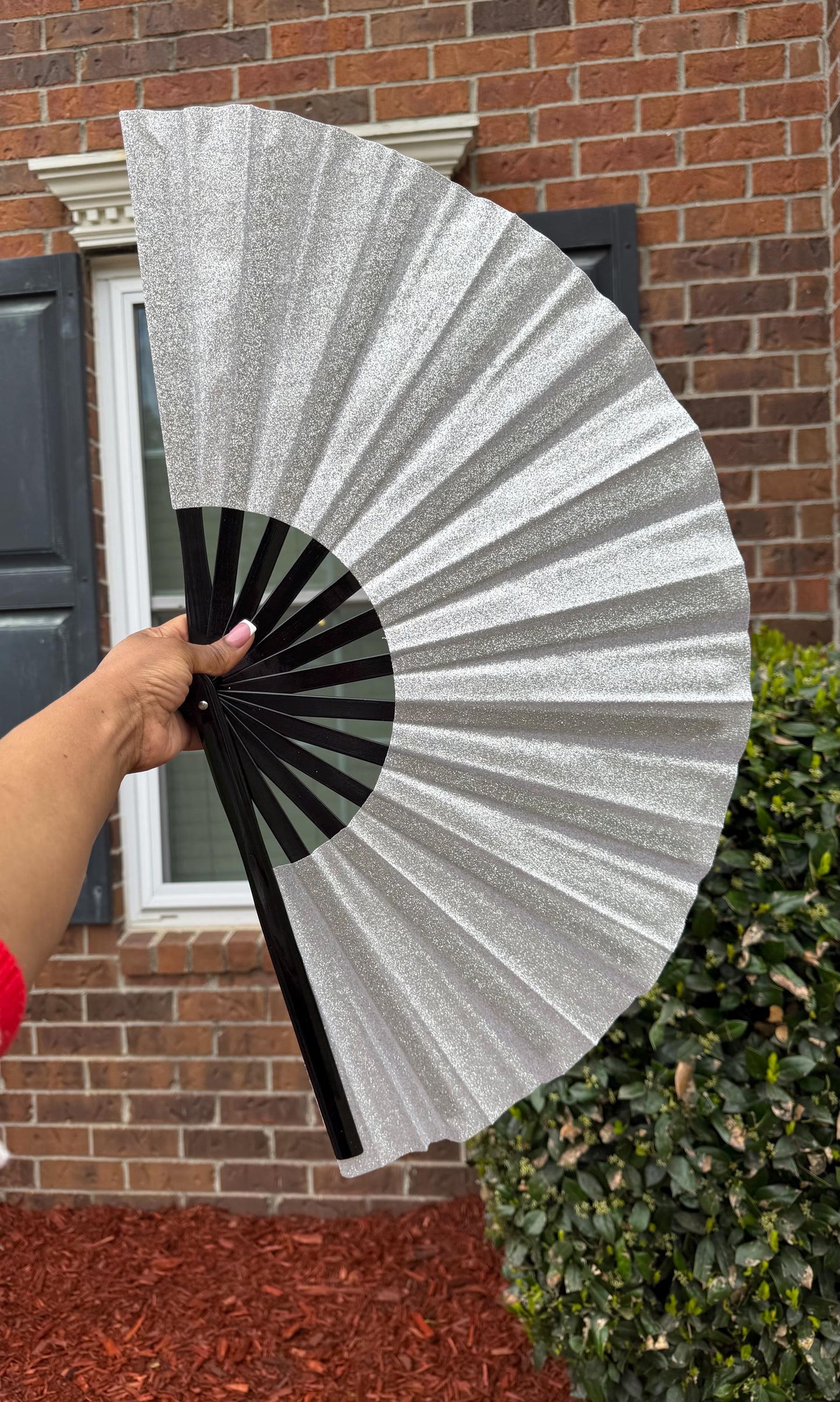 Boots On Ground Silver Glitter Fan - Large Folding Fan, Silver Clack Fan, Decorative Hand Fan, Line Dancing Fan, Silver Folding Fan