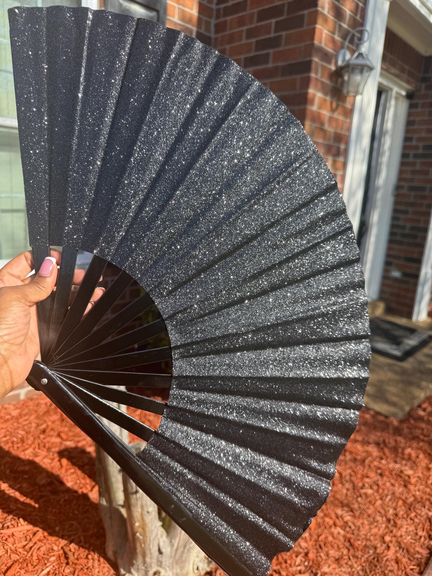 Black Glitter Hand Fan - Large Folding Fan, Black Clack Fan, Folding Hand Fan, Dark Clack Fan, Boots on Ground Hand Fan, Line Dancing Fan