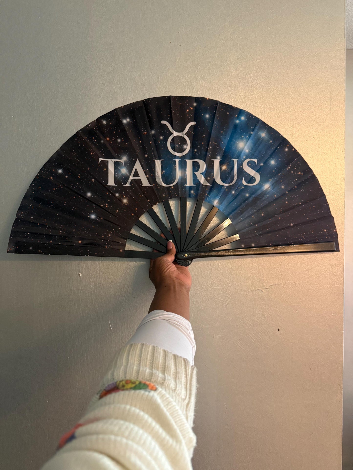 Taurus Zodiac Folding Fan - Starry Cosmic Hand Fan, Black Clack Fan For Line Dancing, Astrology Inspired Handheld Fan, Taurus Birthday Gift
