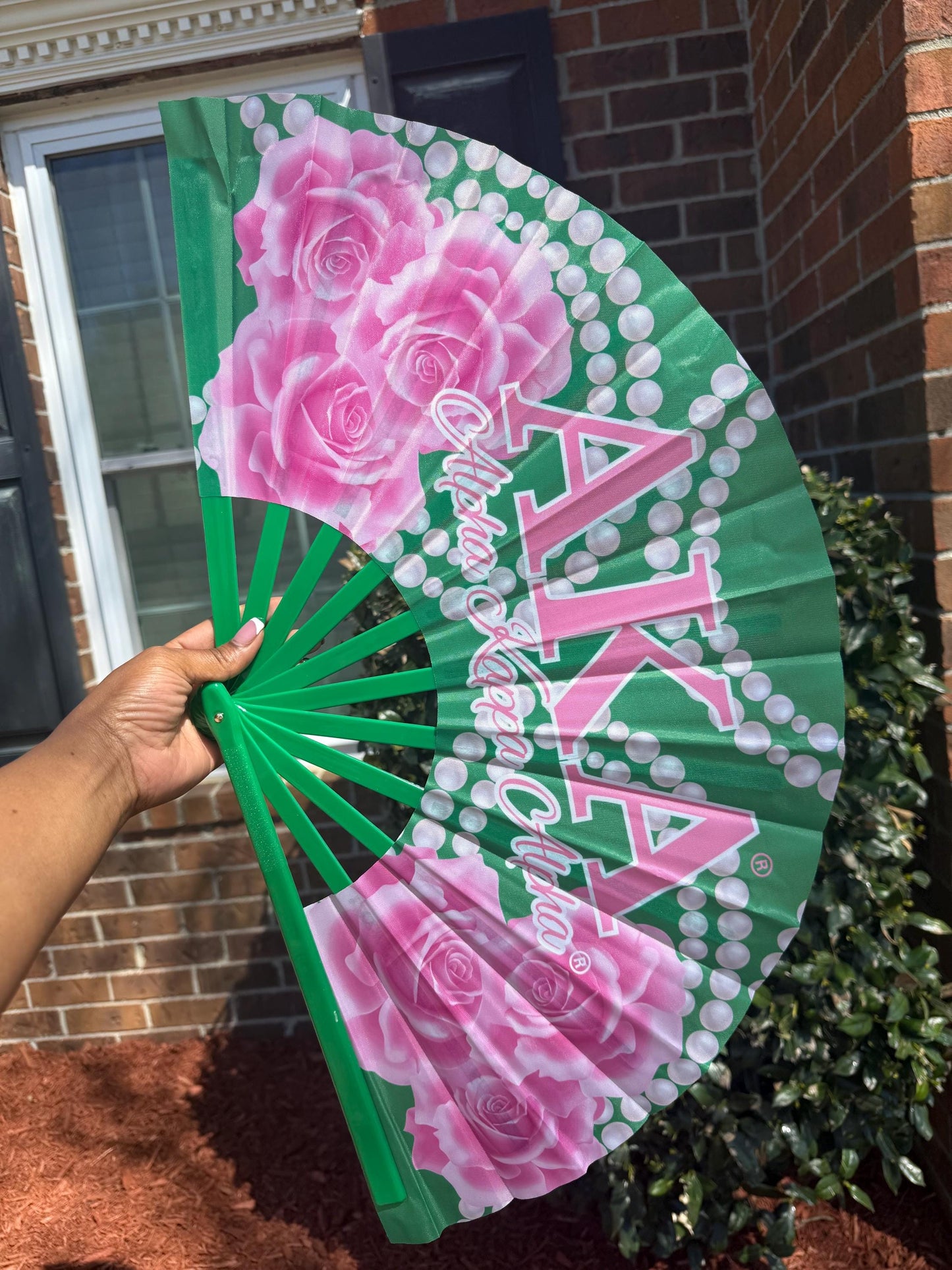 AKA Handheld Folding Fan - Sorority Clack Fan, ΑΚΑ Sorority Fan, Pink and Green Fan, Roses Hand Fan, Decorative Fan, Folding Hand Fan
