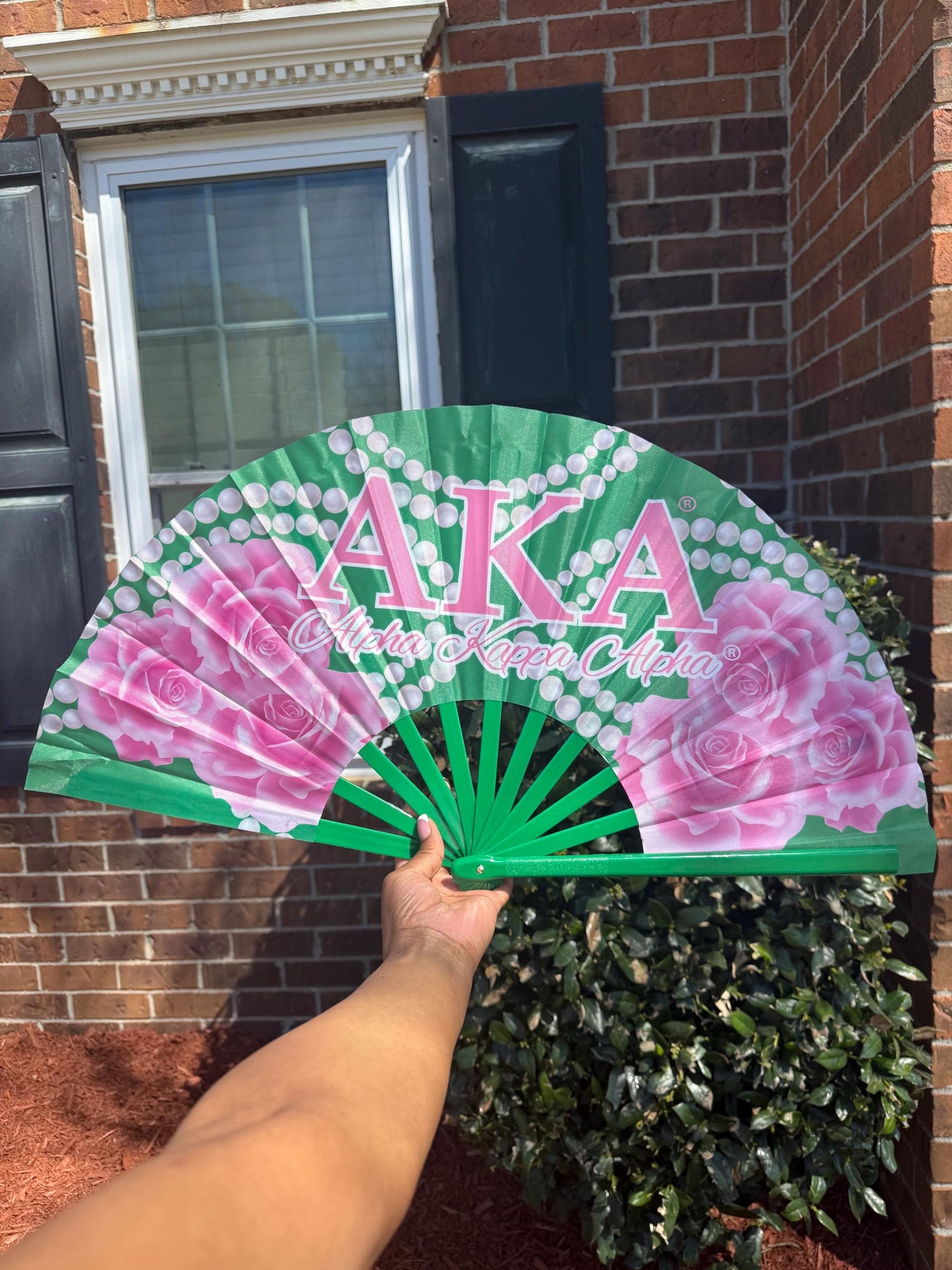 AKA Handheld Folding Fan - Sorority Clack Fan, ΑΚΑ Sorority Fan, Pink and Green Fan, Roses Hand Fan, Decorative Fan, Folding Hand Fan