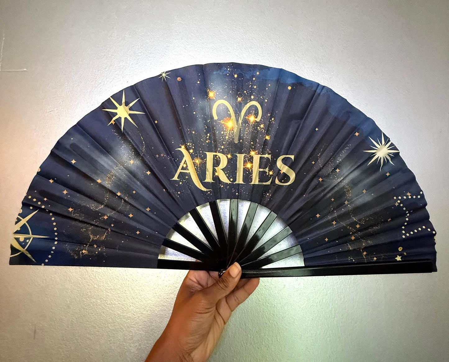 Aries Zodiac Hand Fan - Navy and Gold Folding Astrology Fan, Birthday Gift For Aries Sign, Clack Fan, Celestial Horoscope Hand Held Fan
