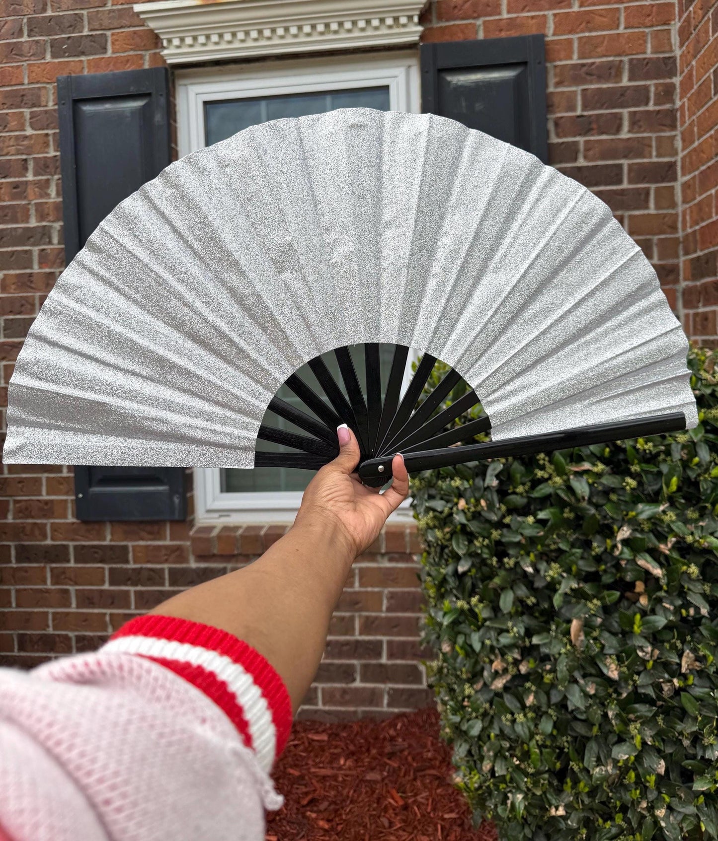 Boots On Ground Silver Glitter Fan - Large Folding Fan, Silver Clack Fan, Decorative Hand Fan, Line Dancing Fan, Silver Folding Fan
