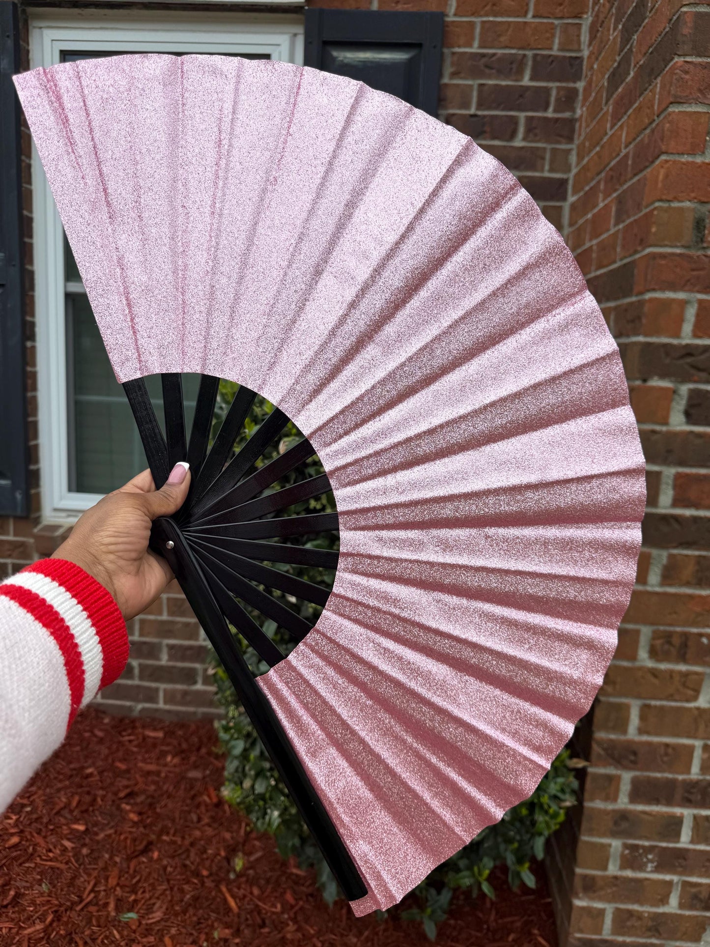 Boots On Ground Line Dancing - Pink Glitter Hand Fan - Folding Hand Fan, Fan With Black Ribs, Pale Pink Clack Fan, Decorative Hand Fan
