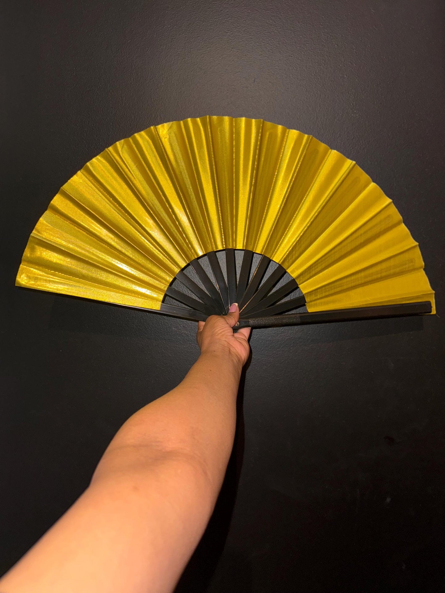 Gold Folding Hand Fan - Solid Color Hand Fan, Line Dancing Fan, Large Gold Clack Fan, Boots On Ground Line Dancing - Yellow/Gold
