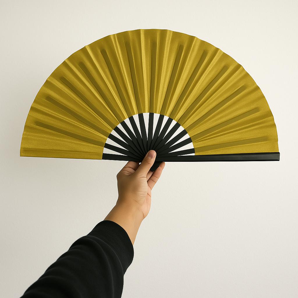 Gold Folding Hand Fan - Solid Color Hand Fan, Line Dancing Fan, Large Gold Clack Fan, Boots On Ground Line Dancing - Yellow/Gold