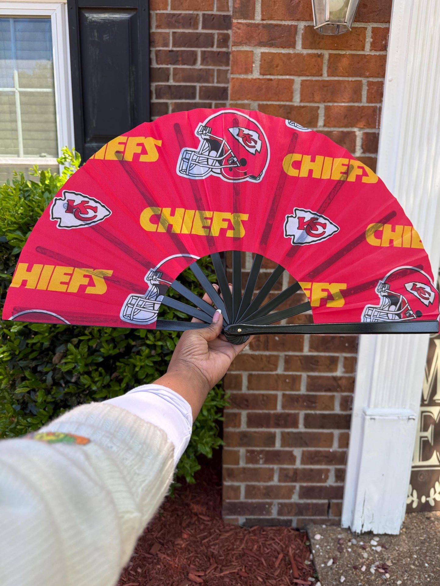 Kansas City Chiefs Hand Fan with Bold Red Yellow Logo Design, Custom NFL Folding Fan for Tailgating, Game Day Sports Fan Gift Idea