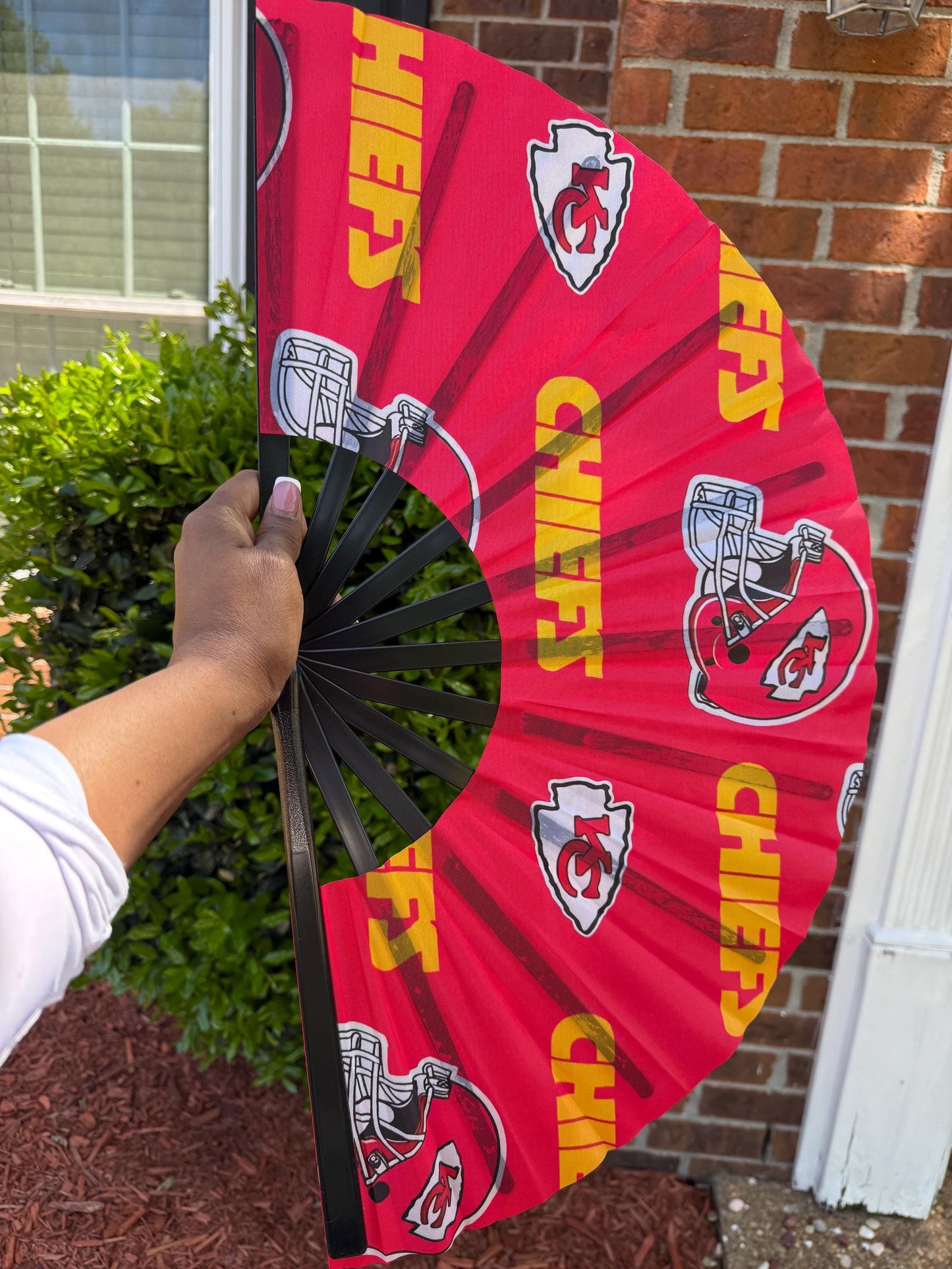 Kansas City Chiefs Hand Fan with Bold Red Yellow Logo Design, Custom NFL Folding Fan for Tailgating, Game Day Sports Fan Gift Idea