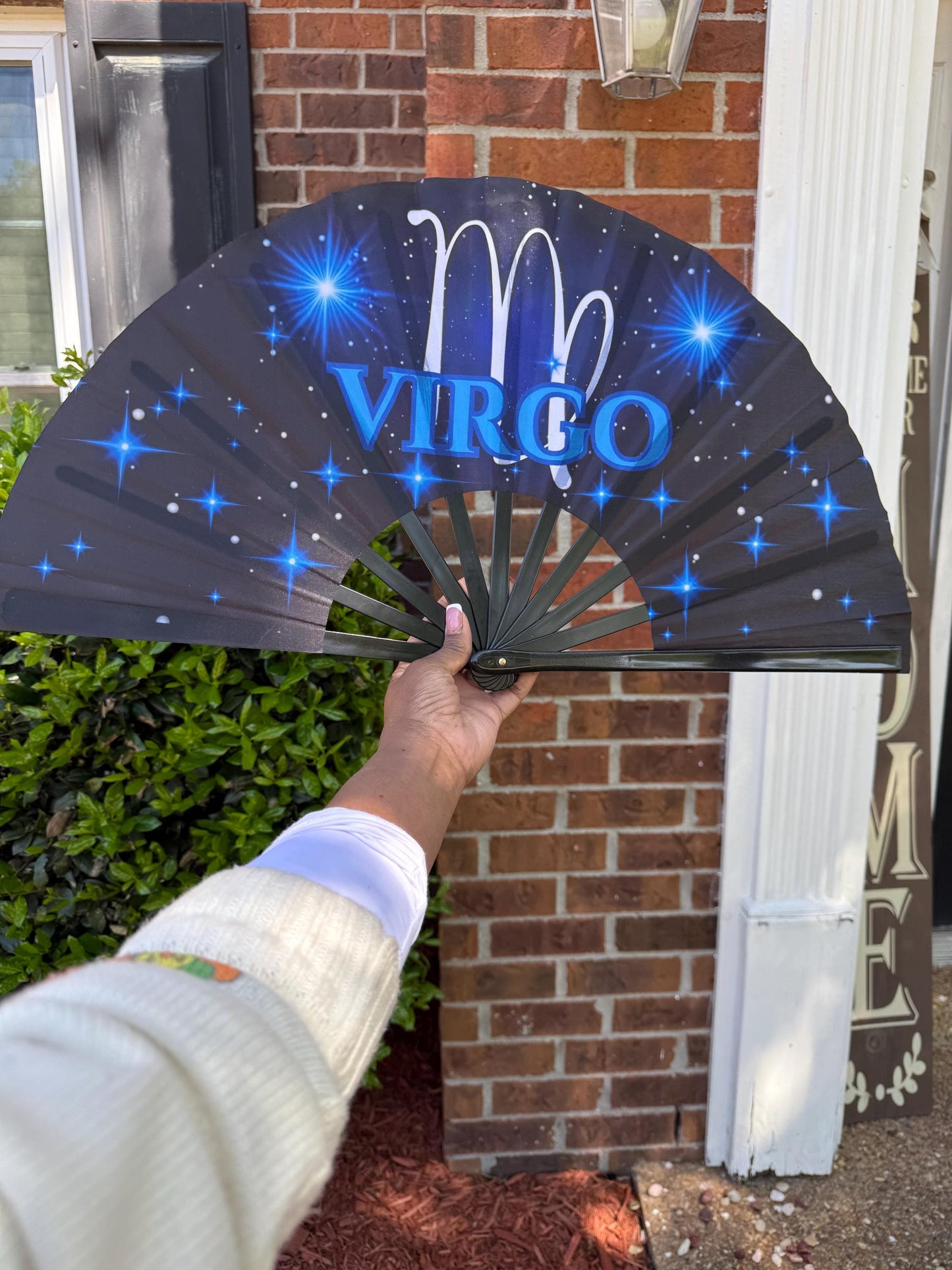 Virgo Zodiac Folding Fan β Clacking Hand Fan w/ Starry Cosmic Art, Celestial Fan, Astrology Gift for Virgo Birthday, Festival Handheld Fan