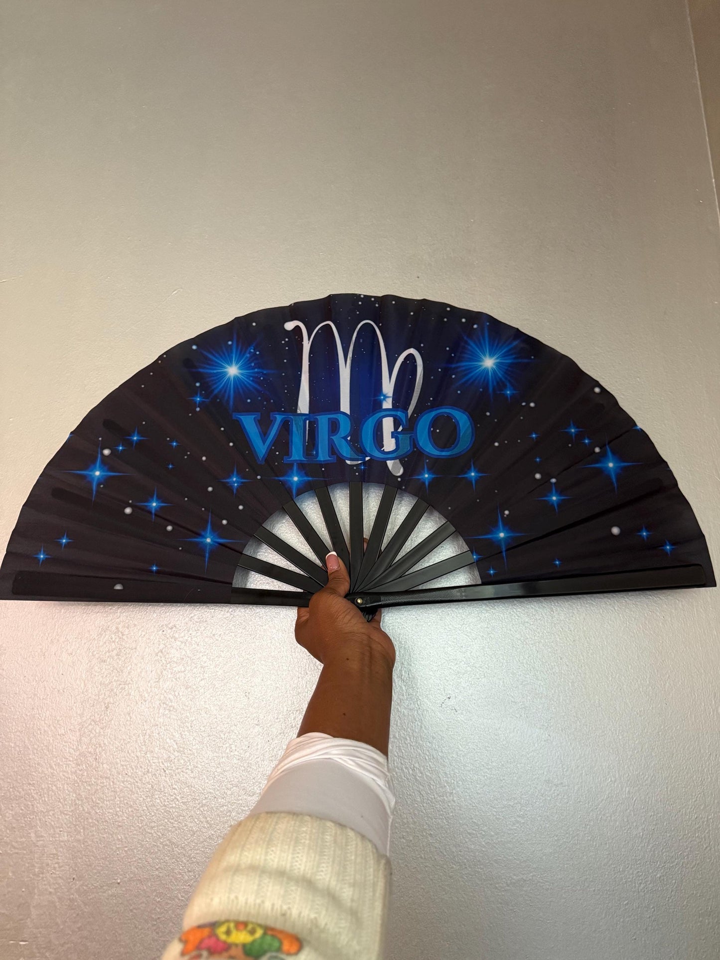 Virgo Zodiac Folding Fan β Clacking Hand Fan w/ Starry Cosmic Art, Celestial Fan, Astrology Gift for Virgo Birthday, Festival Handheld Fan