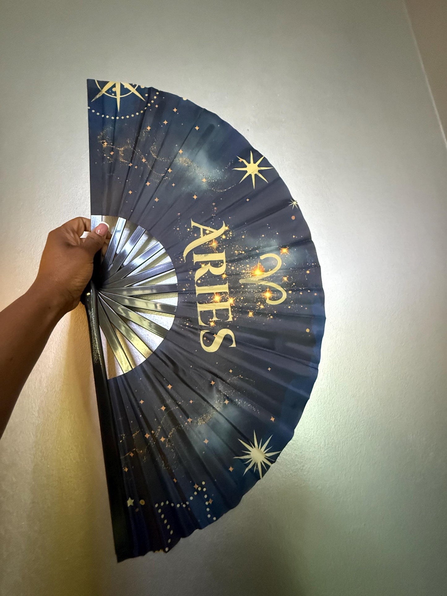 Aries Zodiac Hand Fan - Navy and Gold Folding Astrology Fan, Birthday Gift For Aries Sign, Clack Fan, Celestial Horoscope Hand Held Fan