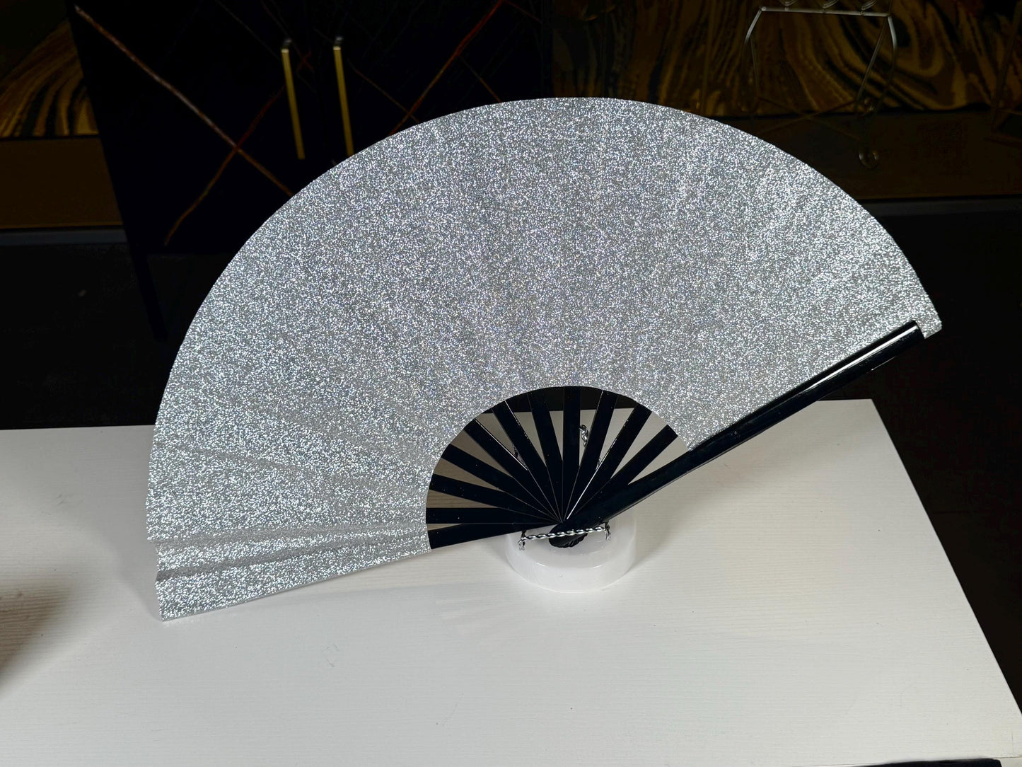 Boots On Ground Silver Glitter Fan - Large Folding Fan, Silver Clack Fan, Decorative Hand Fan, Line Dancing Fan, Silver Folding Fan
