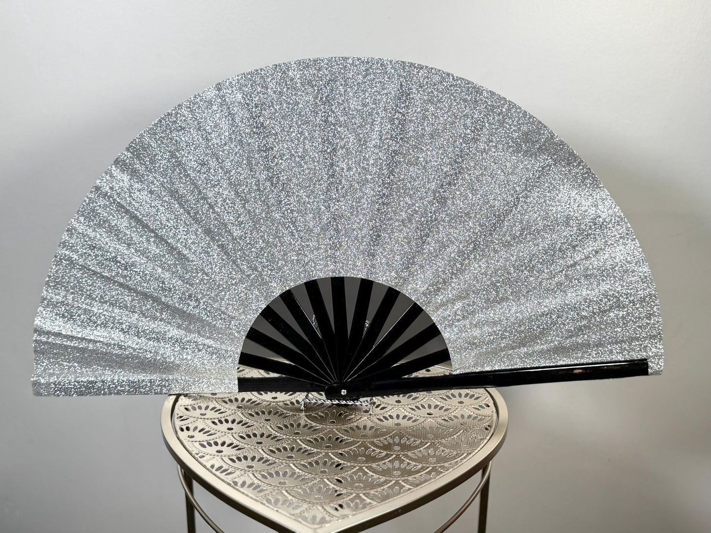 Boots On Ground Silver Glitter Fan - Large Folding Fan, Silver Clack Fan, Decorative Hand Fan, Line Dancing Fan, Silver Folding Fan