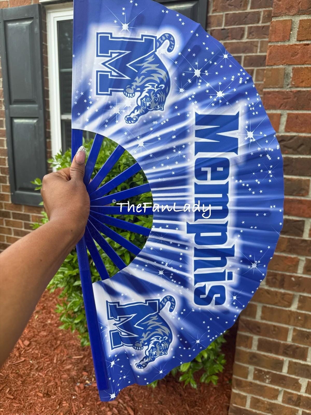 University of Memphis Tigers Folding Hand Fan with Blue Star Design, College Sports Game Day Clack Fan