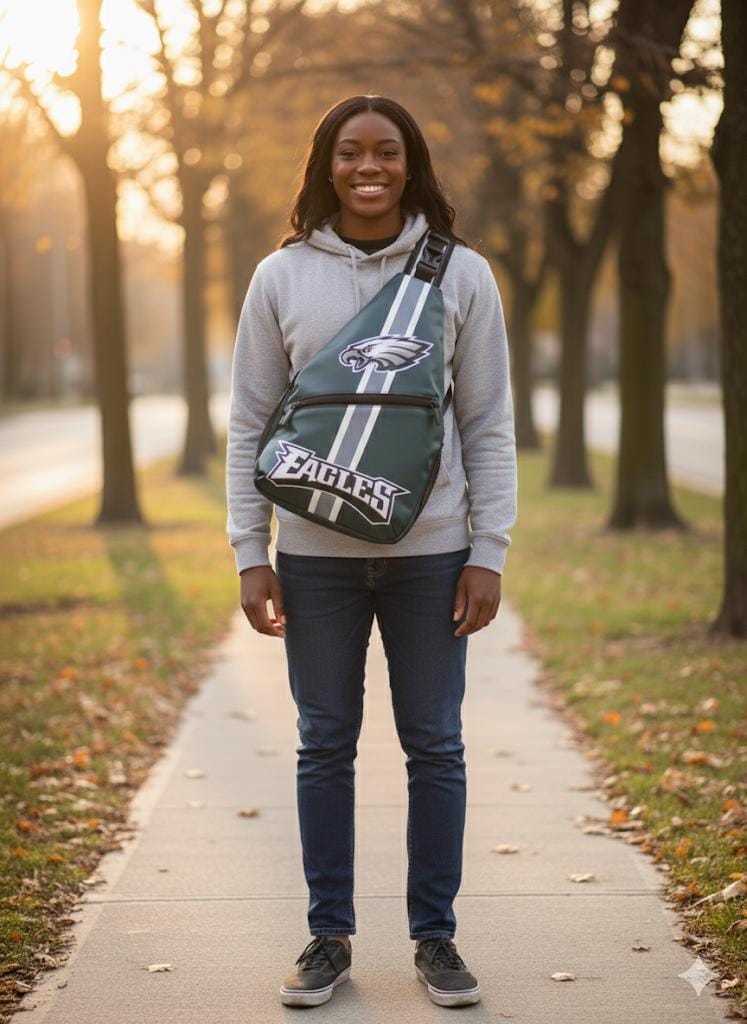 Philadelphia Eagles NFL crossbody backpack with zipper pockets, stylish Eagles travel shoulder bag