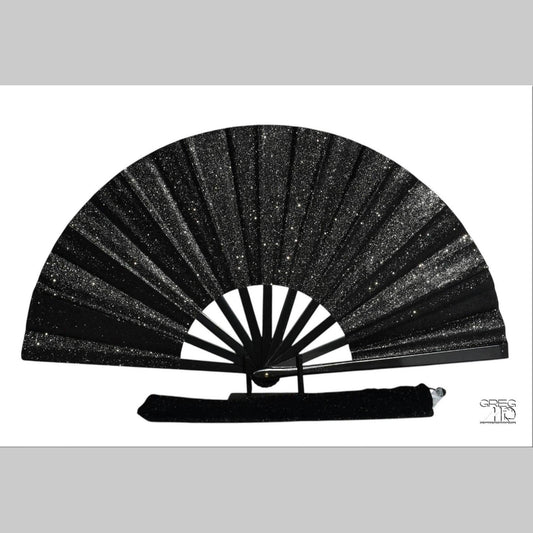 Black Glitter Clack Fan: Oversized Folding Hand Fan