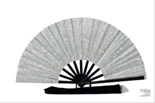 Silver Glitter Clack Fan: Large Folding Hand Fan