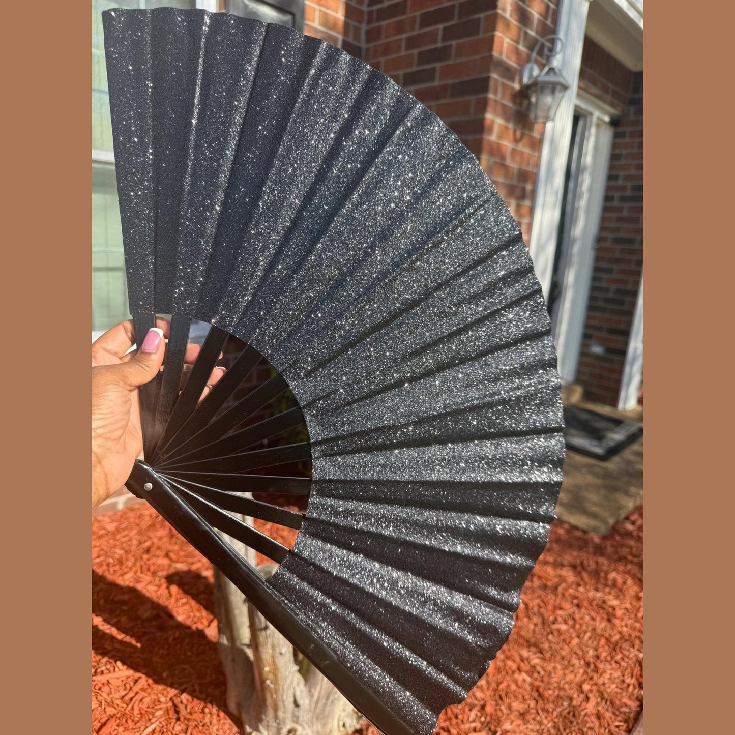 Black Glitter Clack Fan: Oversized Folding Hand Fan