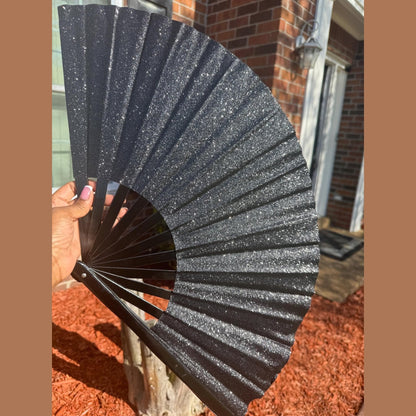 Black Glitter Clack Fan: Oversized Folding Hand Fan