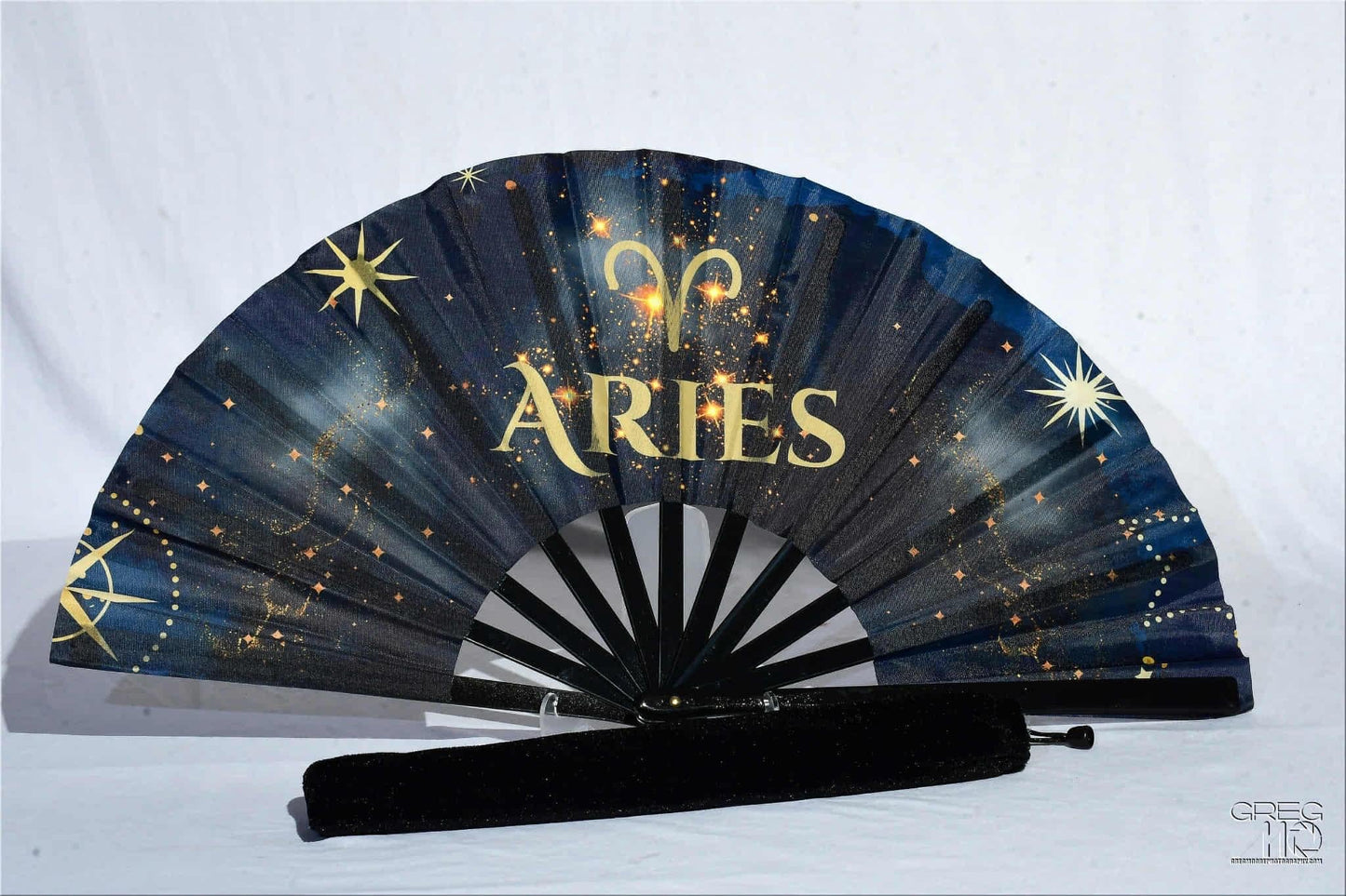 Aries Zodiac Clack Fan: Navy & Gold Celestial Folding Fan
