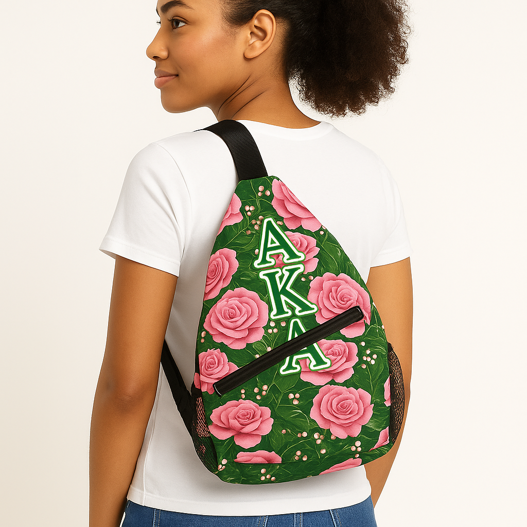 AKA Sling Backpack with Pink Rose Floral Pattern, Adjustable Strap and Zipper Pocket, Sorority Travel Bag Gift for Women
