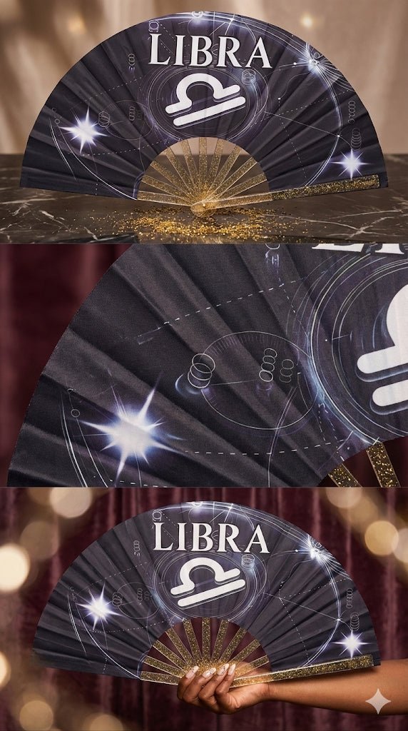 Libra Zodiac Hand Fan: Black Astrology Clack Fan, Festival Accessory