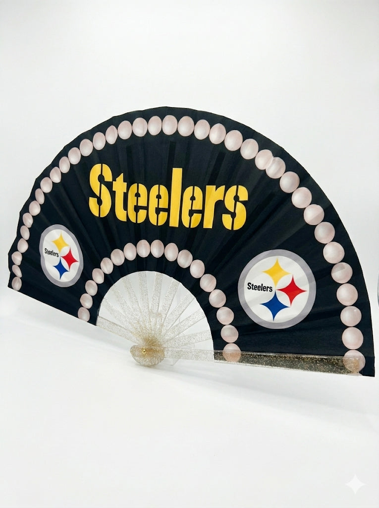 Pittsburgh Steelers Pearl Border Hand Fan - CLACK! Glitter Handle