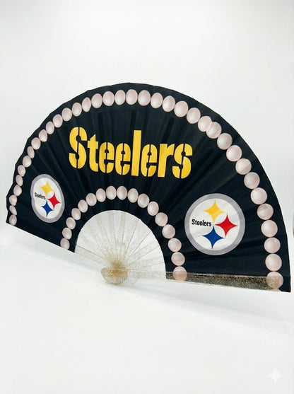 Pittsburgh Steelers Pearl Border Hand Fan - CLACK! Glitter Handle