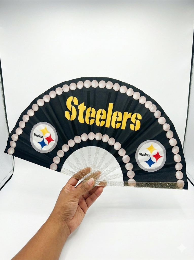 Pittsburgh Steelers Pearl Border Hand Fan - CLACK! Glitter Handle