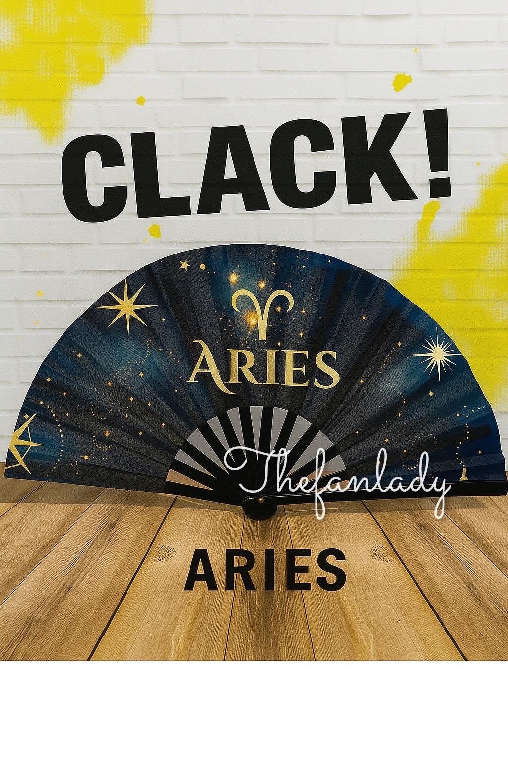 Aries Zodiac Clack Fan: Navy & Gold Celestial Folding Fan