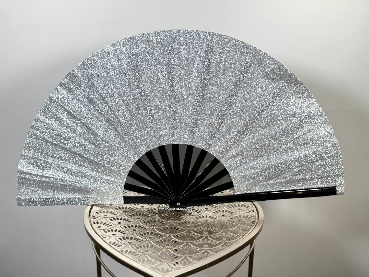 Silver Glitter Clack Fan: Large Folding Hand Fan