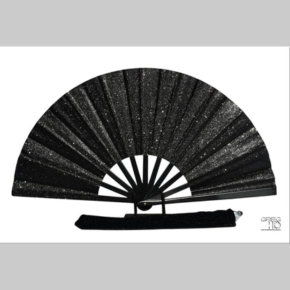 Black Glitter Clack Fan: Oversized Folding Hand Fan
