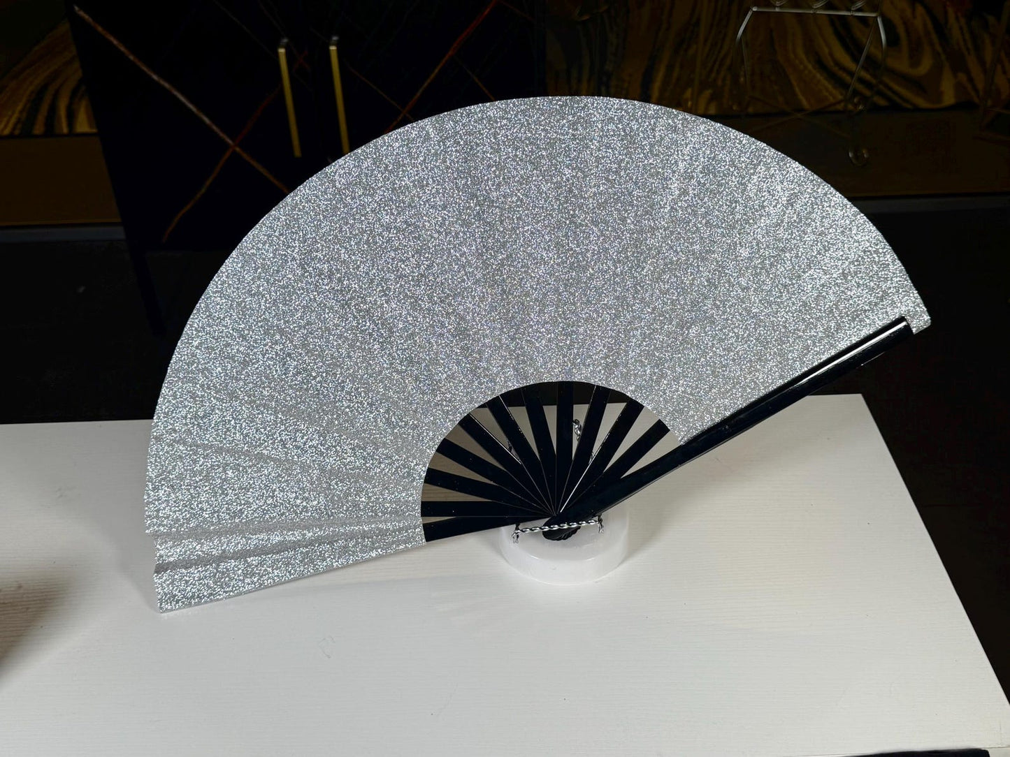 Boots On Ground Silver Glitter Fan - Large Folding Fan, Silver Clack Fan, Decorative Hand Fan, Line Dancing Fan, Silver Folding Fan
