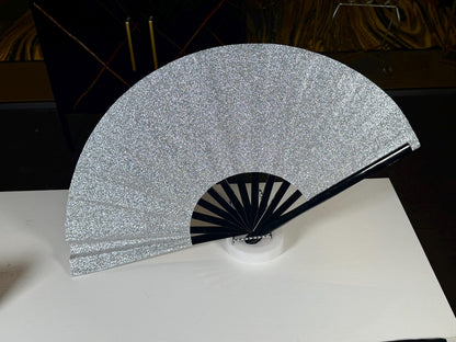 Boots On Ground Silver Glitter Fan - Large Folding Fan, Silver Clack Fan, Decorative Hand Fan, Line Dancing Fan, Silver Folding Fan