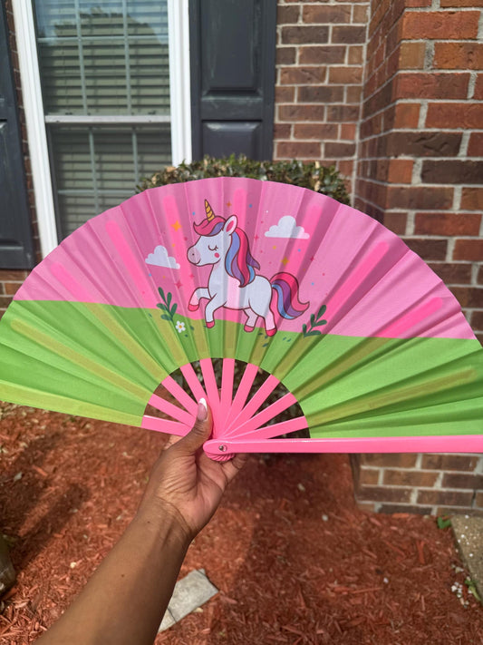 Unicorn Folding Hand Fan for Kids, Loud Clack Fan with Pink Green Colors, Birthday Party Favor, Magical Gift,