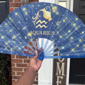 Aquarius Zodiac Hand Fan: Celestial Folding Clack Fan with Velvet Bag