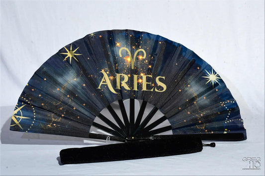 Aries Zodiac Hand Fan - Navy and Gold Folding Astrology Fan, Birthday Gift For Aries Sign, Clack Fan, Celestial Horoscope Hand Held Fan
