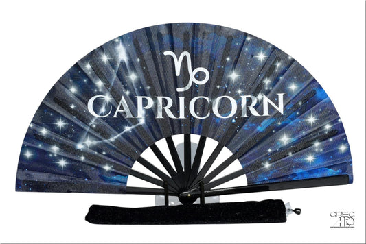 Capricorn Zodiac Hand Fan - Navy Folding Astrology Fan, Celestial Horoscope Clack Fan for Line Dancing, Handheld Fan Capricorn Birthday Gift