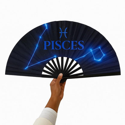 Pisces Zodiac Folding Fan – Clacking Hand Fan w/ Starry Cosmic Art, Celestial Fan, Astrology Gift for Virgo Birthday, Festival Handheld Fan