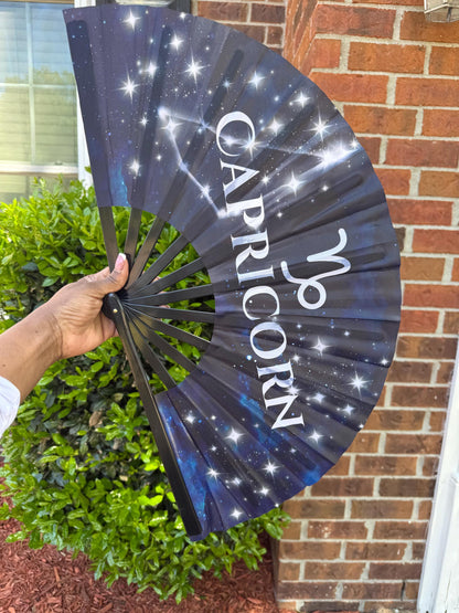 Capricorn Zodiac Hand Fan - Navy Folding Astrology Fan, Celestial Horoscope Clack Fan for Line Dancing, Handheld Fan Capricorn Birthday Gift