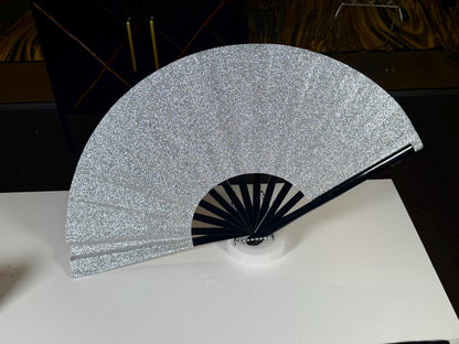Boots On Ground Silver Glitter Fan - Large Folding Fan, Silver Clack Fan, Decorative Hand Fan, Line Dancing Fan, Silver Folding Fan