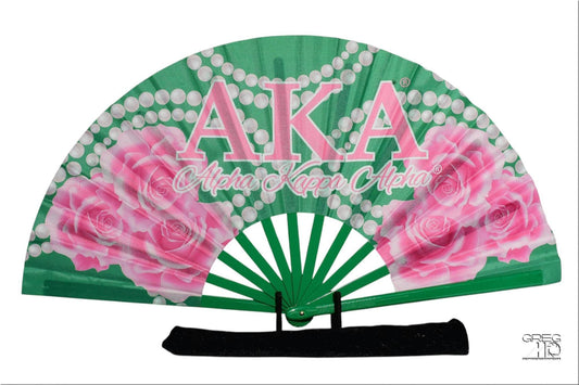AKA Handheld Folding Fan - Sorority Clack Fan, ΑΚΑ Sorority Fan, Pink and Green Fan, Roses Hand Fan, Decorative Fan, Folding Hand Fan