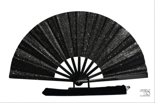 Black Glitter Hand Fan - Large Folding Fan, Black Clack Fan, Folding Hand Fan, Dark Clack Fan, Boots on Ground Hand Fan, Line Dancing Fan