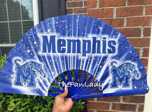 University of Memphis Tigers Folding Hand Fan with Blue Star Design, College Sports Game Day Clack Fan